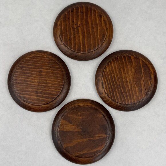 Vintage Wooden Coaster Set Four-Post Holder 4 Wood Coasters with Cork Inserts - Picture 6 of 14